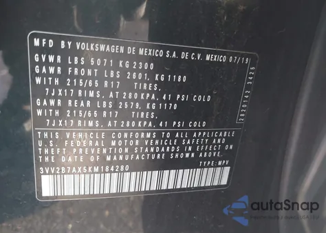 2019 Volkswagen Tiguan 2.0T Se/2.0T Sel/2.0T Sel R-Line/2.0T Sel R-Line Black z USA, uszkodzony, nr VIN 3VV2B7AX5KM184280